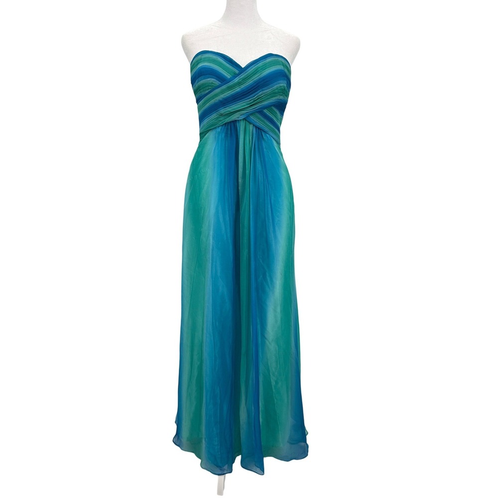 Vtg Y2K Cache Gown NWT Teal Blue Ombre Strapless Rhinestone Chiffon Dress Size 6